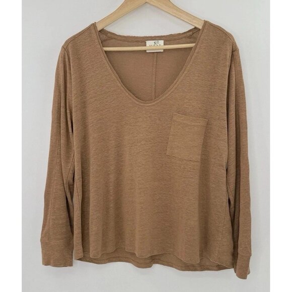 Wrap‎ London Brown 100% Linen V-Neck Blouse US 8 Beach Preppy Boho Coastal - Picture 1 of 10